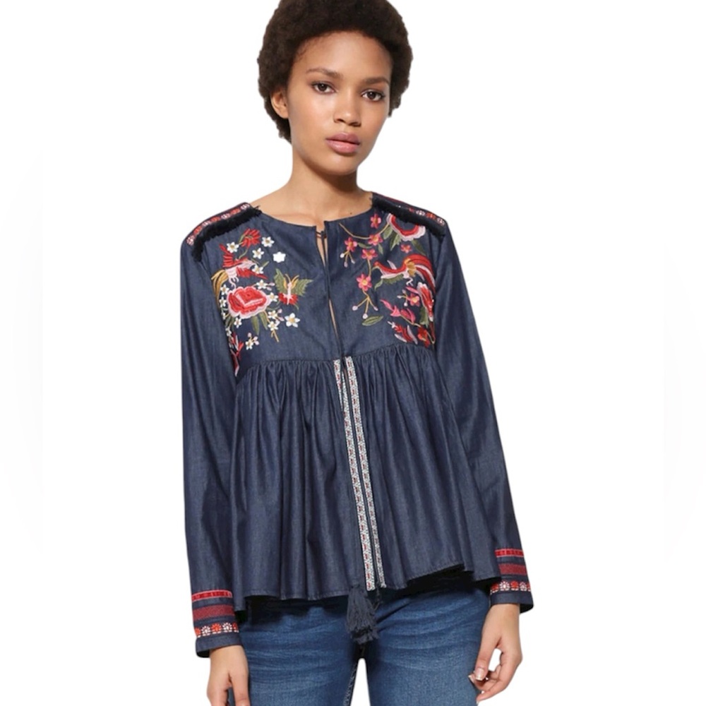 Desigual Embroidered Denim Tie Up Blouse